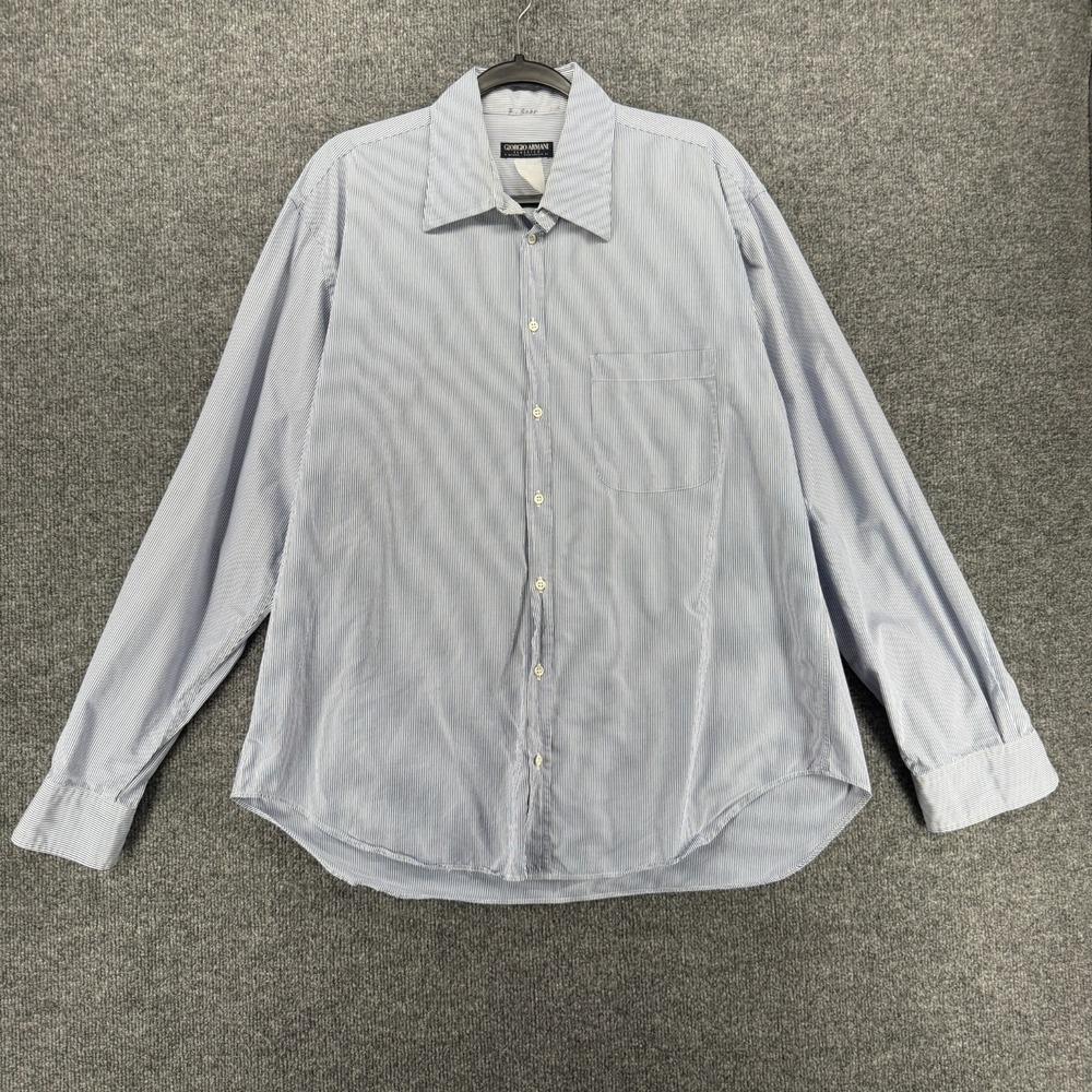 Giorgio Armani Shirt Mens XL Blue White Striped Button Up Office Career Business